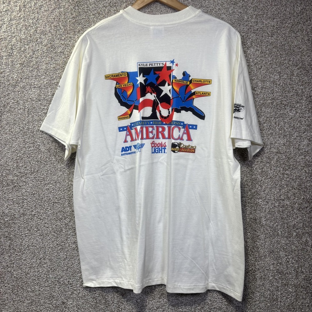 Vintage Hanes Kyle Petty Charity Ride Shirt Mens 2XL White USA Racing Harley 90s